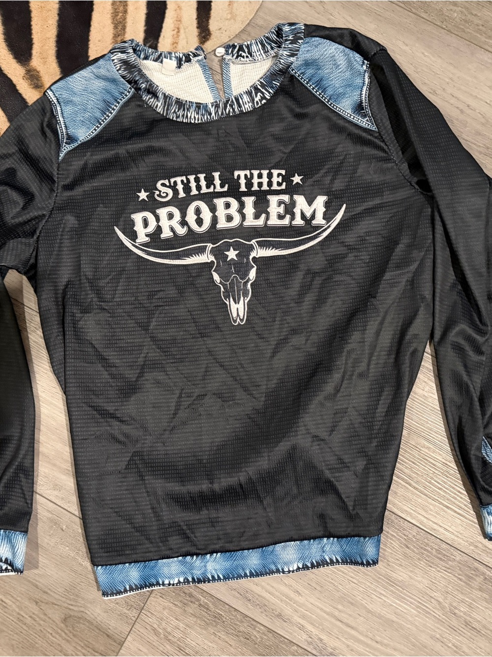Still The Problem Black Graphic Sweatshirt with Denim Trim - women’s large